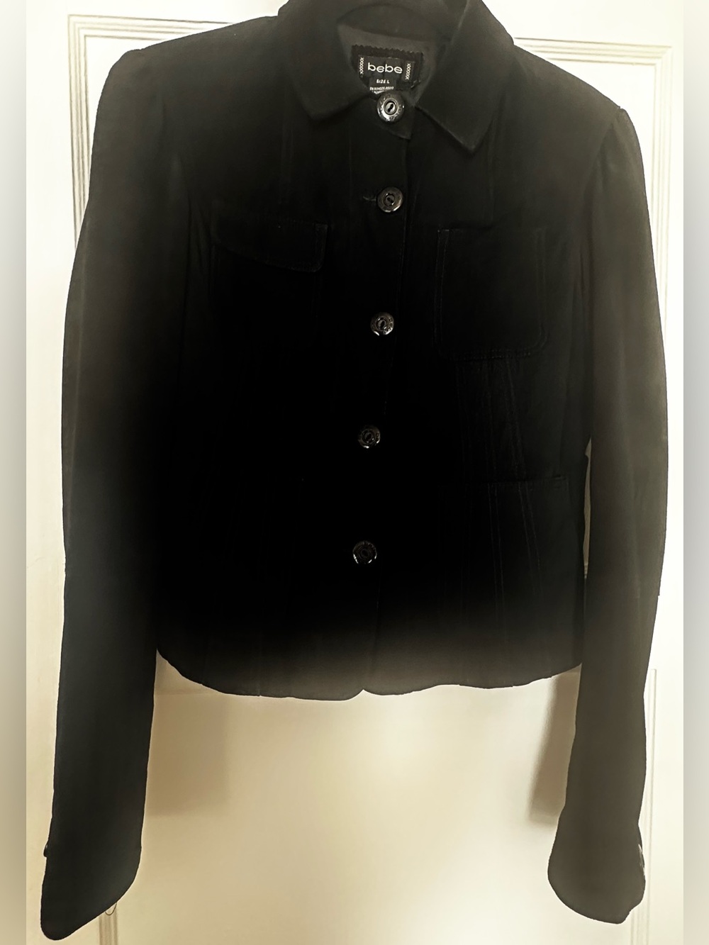 Bebe Black Beautiful Suede Black Button Jacket with Puff Sleeves